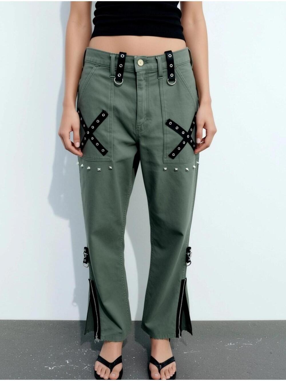 Cargo Pants 29 In. Green Flared Zip Skinny Punk 90s black X Army y2k - Picture 1 of 8